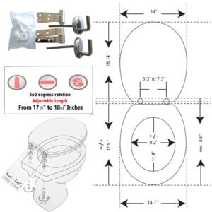 Elongated toilet seat dimensions and adjustable length diagram with hinge spacing details