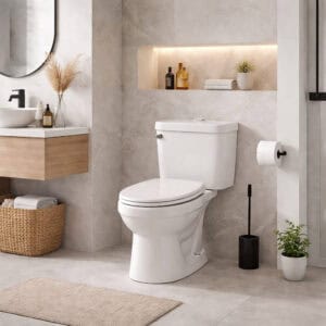 Modern bathroom interior featuring white toilet with elongated white toilet seat installed