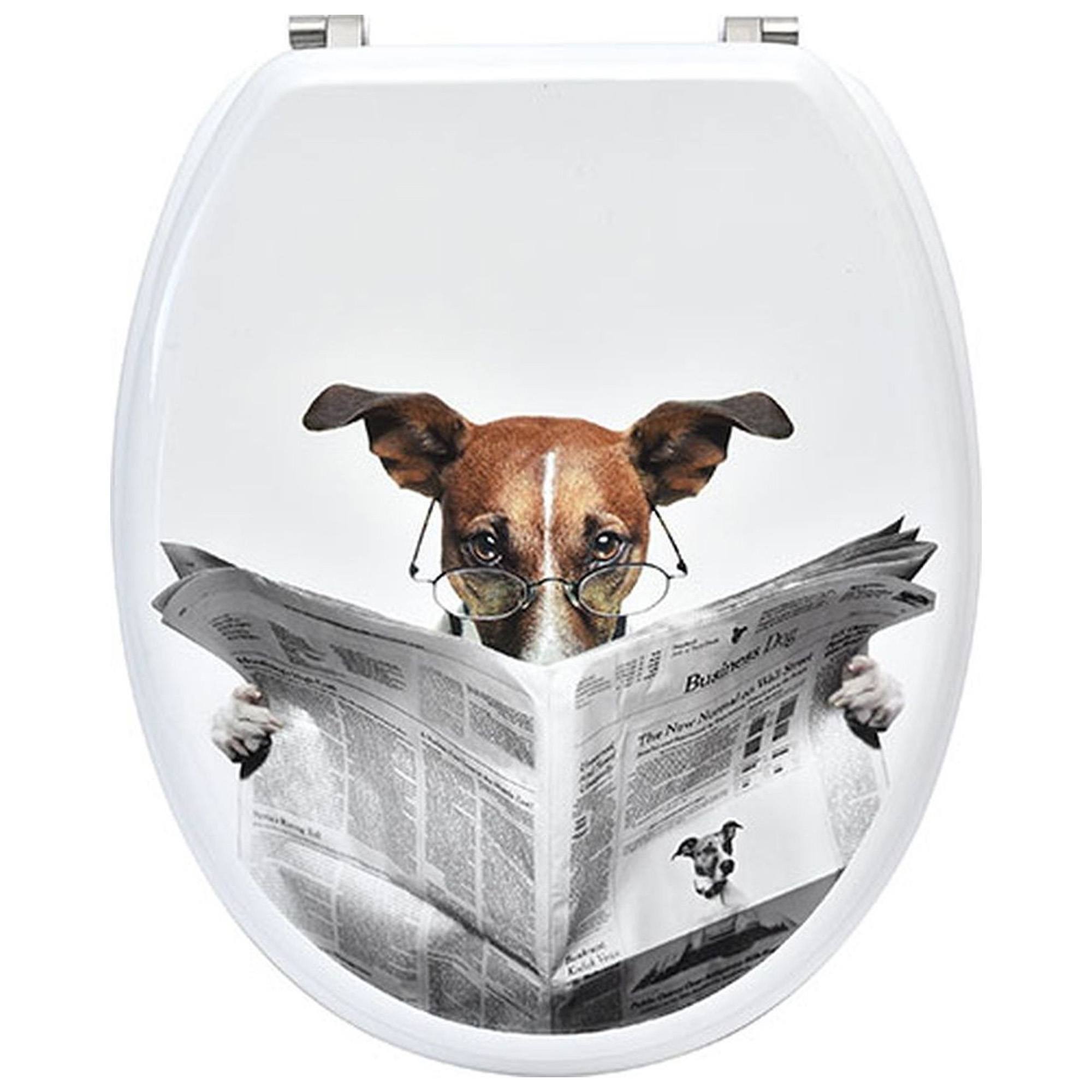 White elongated toilet seat with dog reading newspaper print on lid