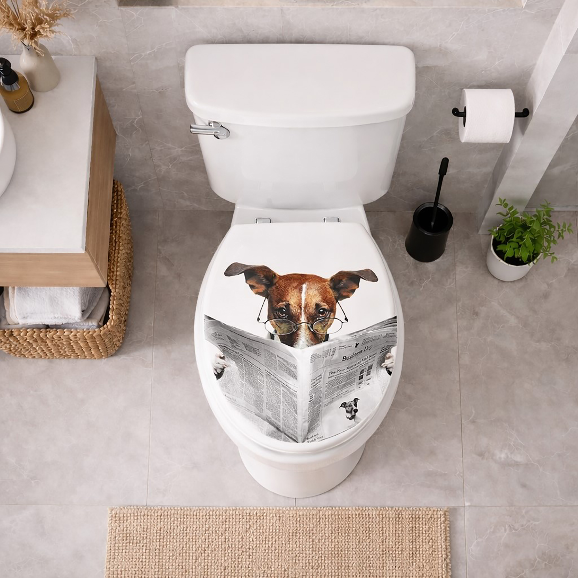 Top view of elongated toilet with dog newspaper design toilet seat installed