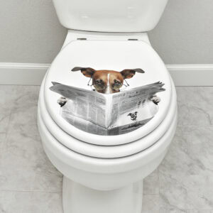 Close-up of elongated toilet with dog reading newspaper design on seat lid