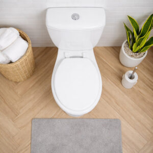 White round toilet seat installed on toilet top view