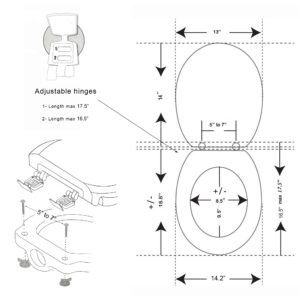 White round toilet seat dimensions and adjustable hinge diagram