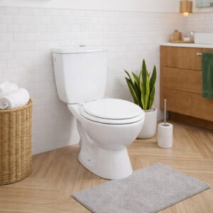 White round toilet seat installed in contemporary bathroom interior