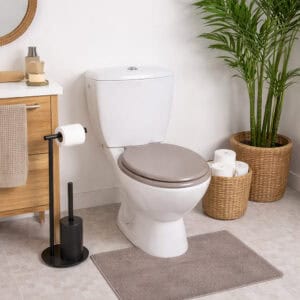 Taupe round toilet seat installed in contemporary bathroom interior