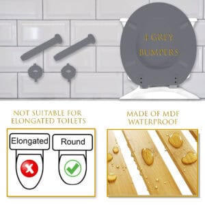 Gray round toilet seat hardware bumpers and MDF material details