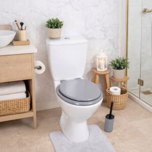 Gray round toilet seat installed in contemporary bathroom interior
