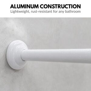 Closeup of white aluminum shower rod showing glossy finish and wall flange, lightweight rust-resistant for any bathroom