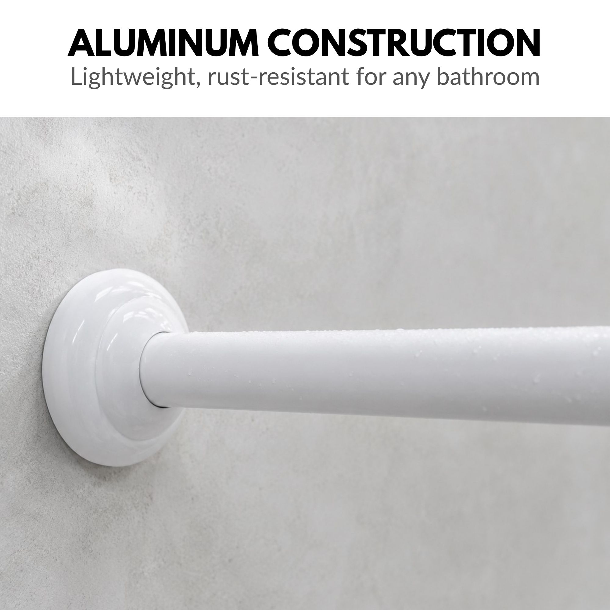 Closeup of white aluminum shower rod showing glossy finish and wall flange, lightweight rust-resistant for any bathroom