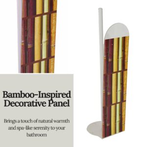 Close-up of bamboo-inspired decorative panel with yellow and brown tones on toilet paper holder