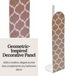 Close-up of geometric-inspired beige and white decorative panel on freestanding toilet paper holder