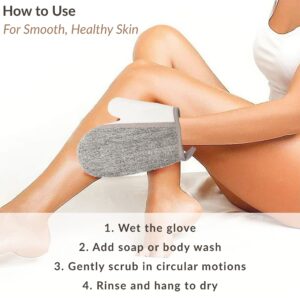 Woman using gray and white exfoliating mitt on her leg with step-by-step instructions