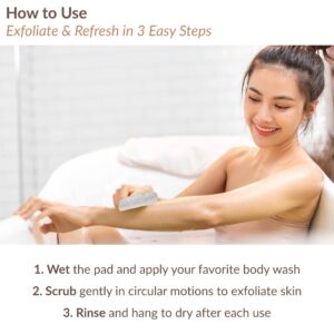 Woman using textured exfoliating pad on her arm in bathtub with usage instructions