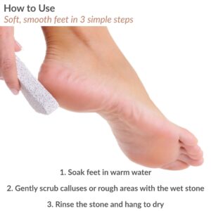 Person using pumice stone on heel of foot with usage instructions