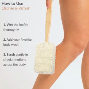 Person demonstrating use of loofah back scrubber on leg with usage instructions