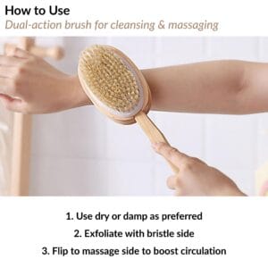 Person demonstrating use of dual-sided body brush on their arm with usage instructions for cleansing and massaging