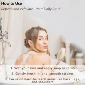 Woman in bathtub demonstrating use of natural bristle body brush with usage instructions for daily exfoliation routine