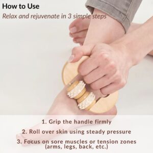 Person demonstrating use of wooden massage roller on arm with step-by-step instructions for muscle tension relief