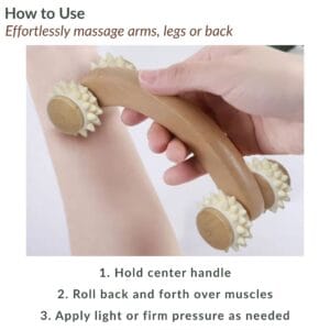 Person demonstrating use of wooden massage roller on arm with step-by-step instructions for muscle massage technique