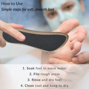 Person demonstrating use of foot file with step-by-step instructions for achieving soft, smooth feet