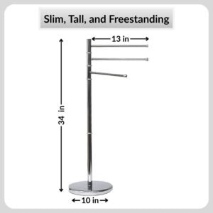 "Chrome freestanding towel rack dimensions diagram: 34" height, 13" arm length, 10" base diameter"