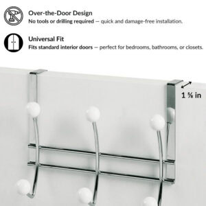 "Chrome over-the-door hook rack installation callout showing no-drill, universal fit for standard doors"