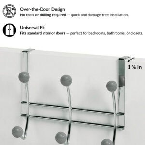 "Chrome over-the-door hook rack installation callout showing no-drill, universal fit for standard doors"