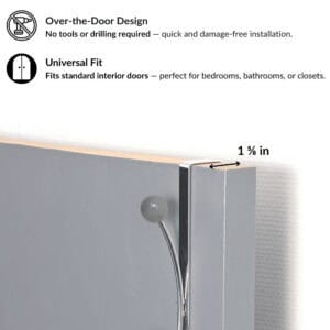 "Installation guide showing chrome over-the-door hook with 1⅝ in gap fit on standard door, no tools required"