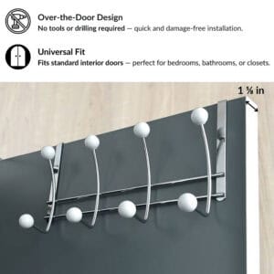 "Installation guide showing chrome 4-hook rack fitting 1⅝ in standard door, no tools required"