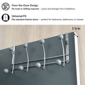 "Installation guide showing chrome gray-ball hook rack fitting 1⅝ in standard door, no tools required"
