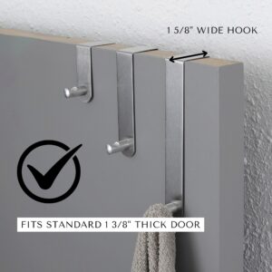 "Diagram showing brushed steel over-door hooks fitting standard 1 3/8-inch thick door with 1 5/8-inch wide hook measurement"