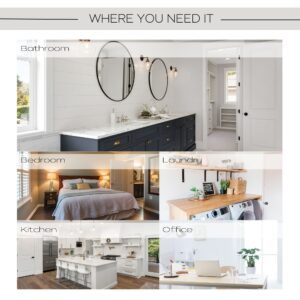"Five-panel infographic showing hook use in bathroom, bedroom, laundry, kitchen, and office settings"