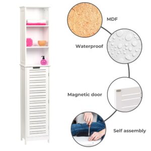 Cabinet material details showing waterproof MDF construction, magnetic door closure, and self-assembly highlights.