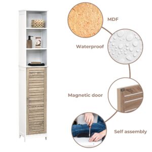 Features diagram of the tall cabinet: Diagram highlighting key features, including waterproof MDF material, magnetic door closure, and self-assembly design.
