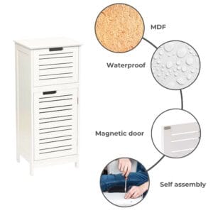 Feature callout graphic showing white slatted bathroom cabinet with MDF material, waterproof surface, magnetic door, and self-assembly callouts