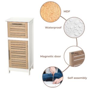 "Features diagram showing MDF construction, waterproof finish, magnetic door closure, and self-assembly"