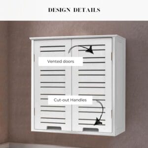 "Design details callout showing vented louvered doors and cut-out handles on white wall-mounted bathroom cabinet"