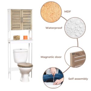 “White over-the-toilet cabinet with wood-look doors showing MDF material, waterproof panel and assembly features”