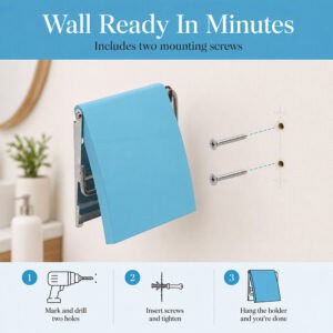 Aqua Blue cover toilet paper holder on a wall beside two mounting screws and a drill-hole diagram. "Wall Ready In Minutes" / "Includes two mounting screws", with mark-and-drill, insert-screws, and hang steps.