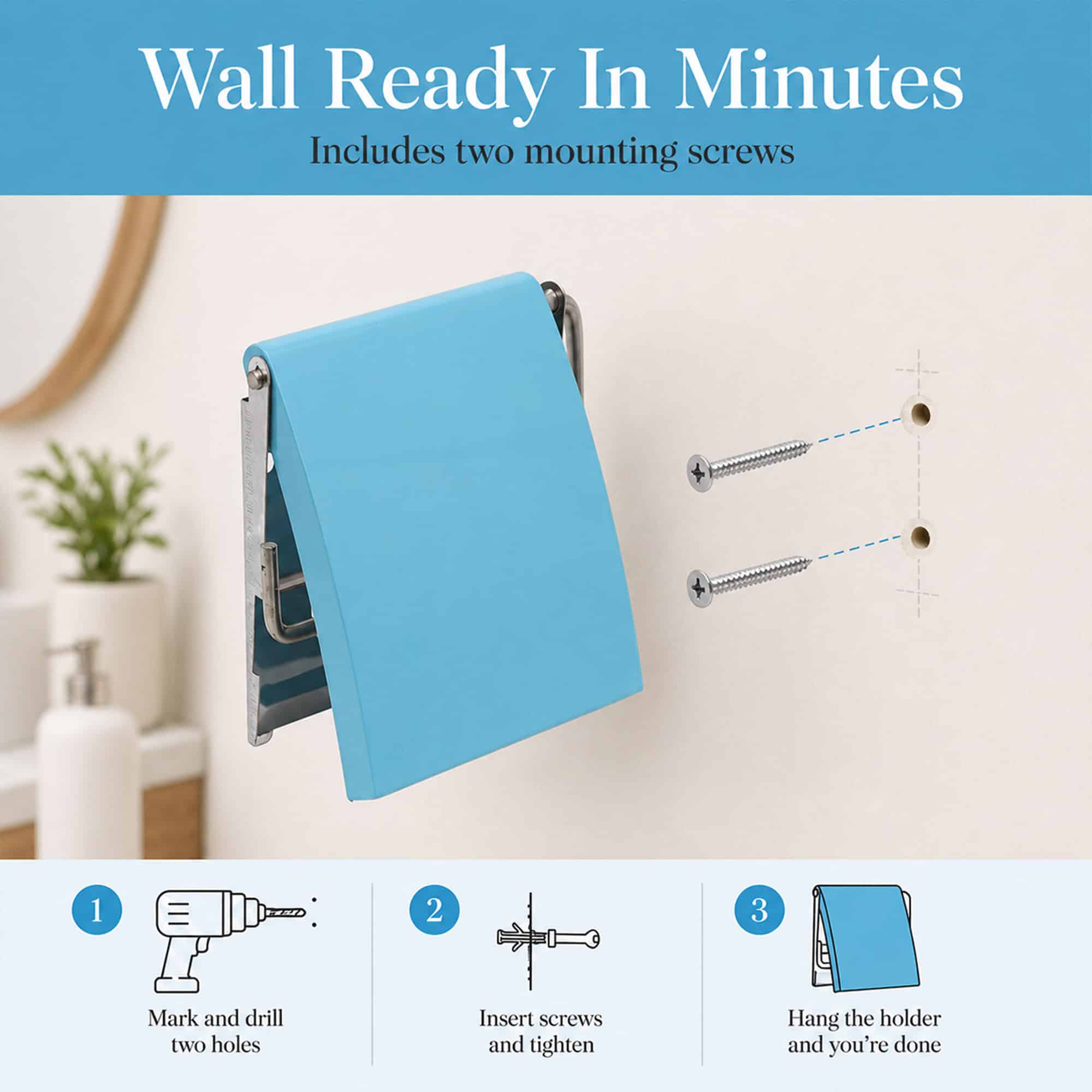 Aqua Blue cover toilet paper holder on a wall beside two mounting screws and a drill-hole diagram. "Wall Ready In Minutes" / "Includes two mounting screws", with mark-and-drill, insert-screws, and hang steps.