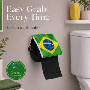 Brazil flag print toilet paper holder on a wall holding a black roll under a flip-up Brazilian flag cover. "Easy Grab Every Time" / "Holds one roll neatly", with a "1 ROLL CAPACITY" badge.