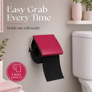 Fuchsia cover toilet paper holder on a wall holding a black roll under a flip-up fuchsia cover. "Easy Grab Every Time" / "Holds one roll neatly", with a "1 ROLL CAPACITY" badge.