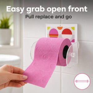 Hand pulling a sheet from a pink roll on the Eclats clear acrylic toilet paper holder. "Easy grab open front" / "Pull replace and go" with a spring-rod icon.