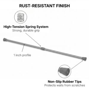 Rust-resistant chrome tension rod features high-tension spring system 1 inch profile and non-slip rubber tips for wall protection