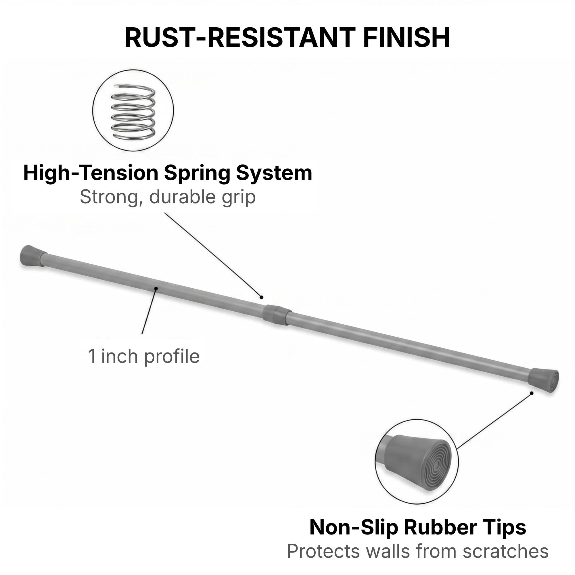 Rust-resistant chrome tension rod features high-tension spring system 1 inch profile and non-slip rubber tips for wall protection