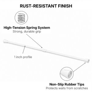 White tension rod with rust-resistant finish, high-tension spring system, 1 inch profile, and non-slip rubber tips