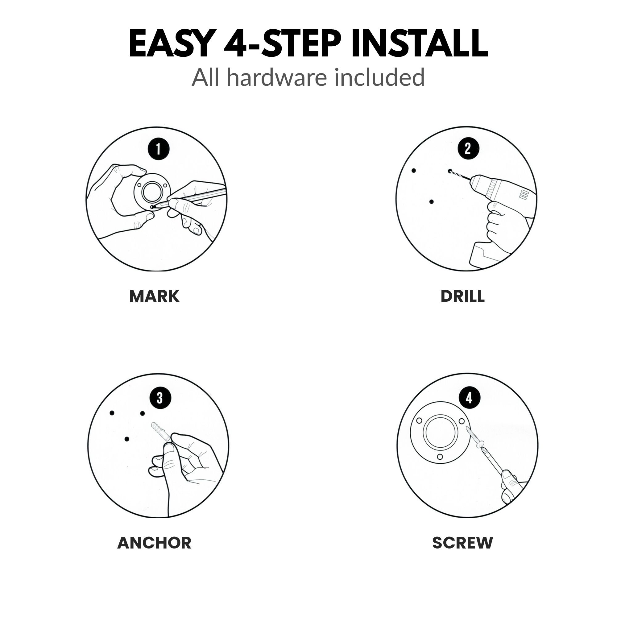 Easy 4-step shower rod installation guide: mark, drill, anchor, screw, all hardware included in the kit