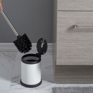 Effortless lid mechanism for quick access to the toilet brush holder, shown with brush lifted and lid opened.