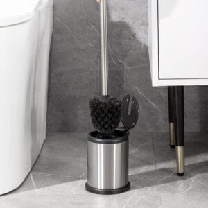 Stainless steel toilet brush holder with a convenient lid mechanism for quick access, shown with lid open.