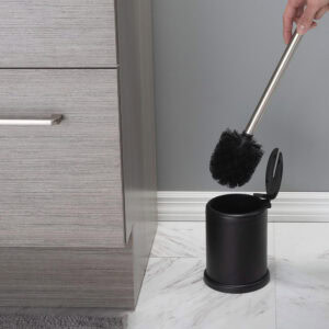 Black toilet brush holder with convenient lid mechanism, shown with the brush lifted and lid open.